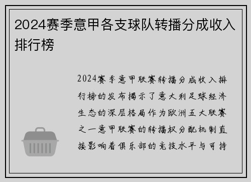 2024赛季意甲各支球队转播分成收入排行榜